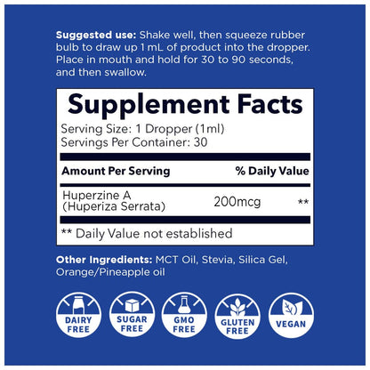Nano HUPERZINE A – Nanosized Liquid, Instant Absorption, 6000 mcg per Bottle | 30 Servings | Non-GMO GMP Certified