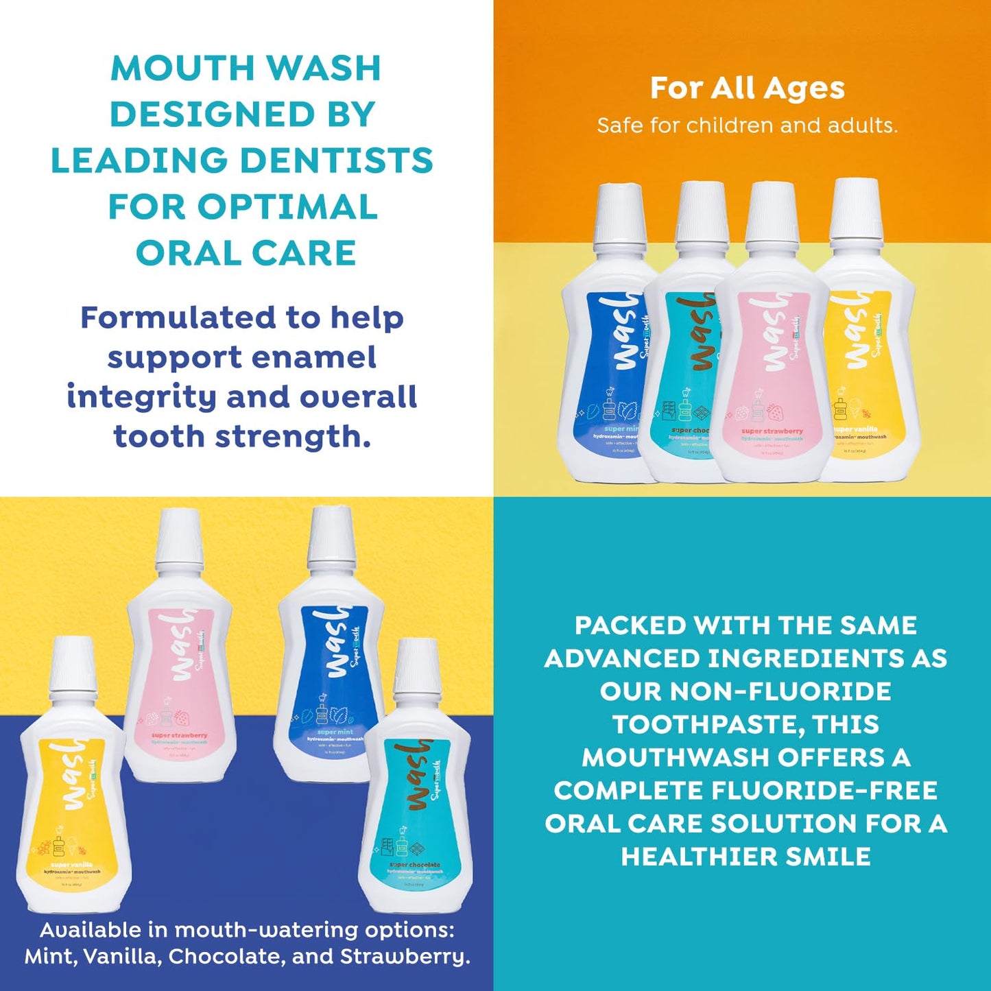 SuperMouth® Fluoride-Free Mouthwash – Nano-Hydroxyapatite, D3 & K2, Prebiotics, Alkaline pH 8.5, Alcohol-Free | 4 Flavors