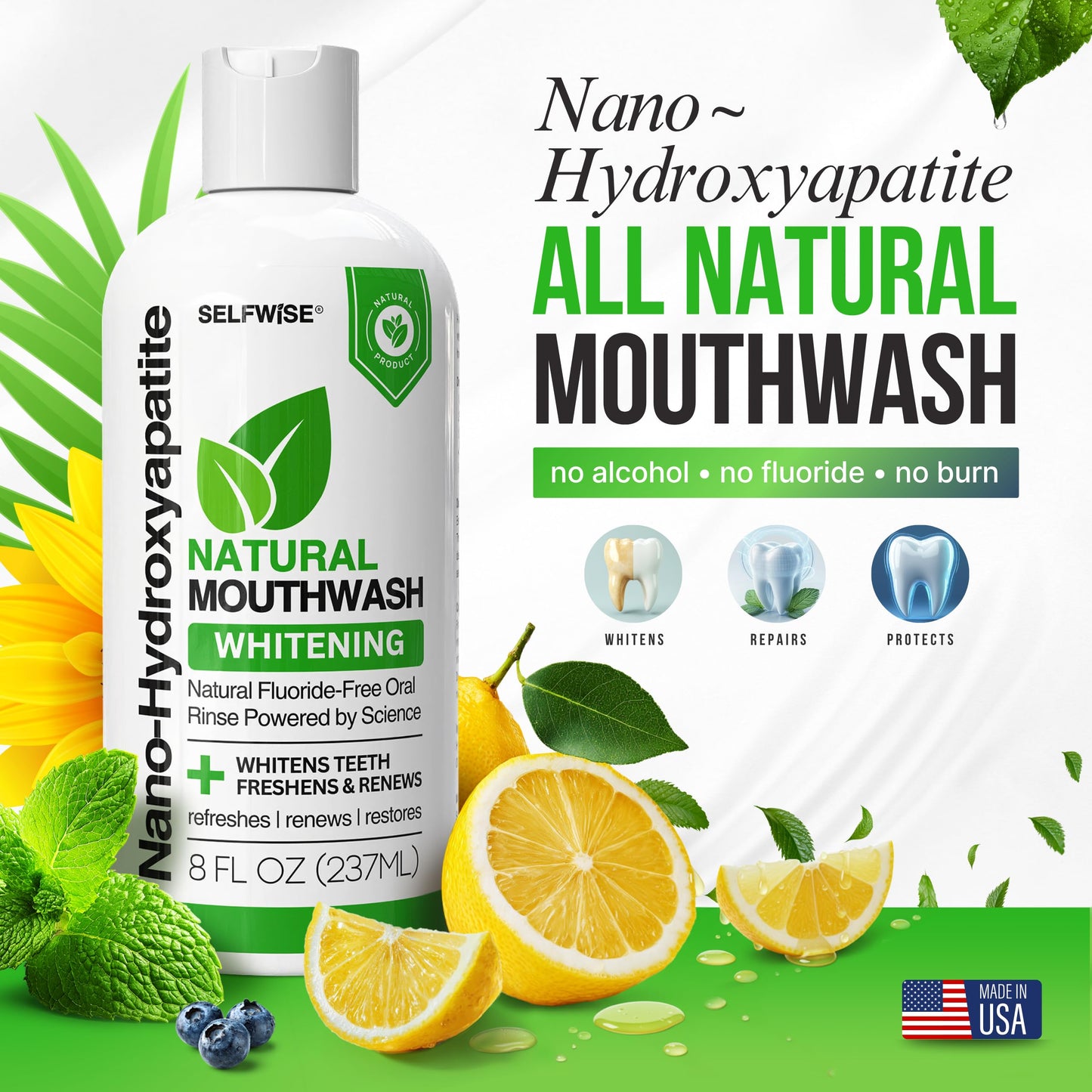 Nano-Hydroxyapatite Mouthwash with Xylitol – Fluoride-Free, Alcohol-Free, Gentle Whitening & Enamel Support