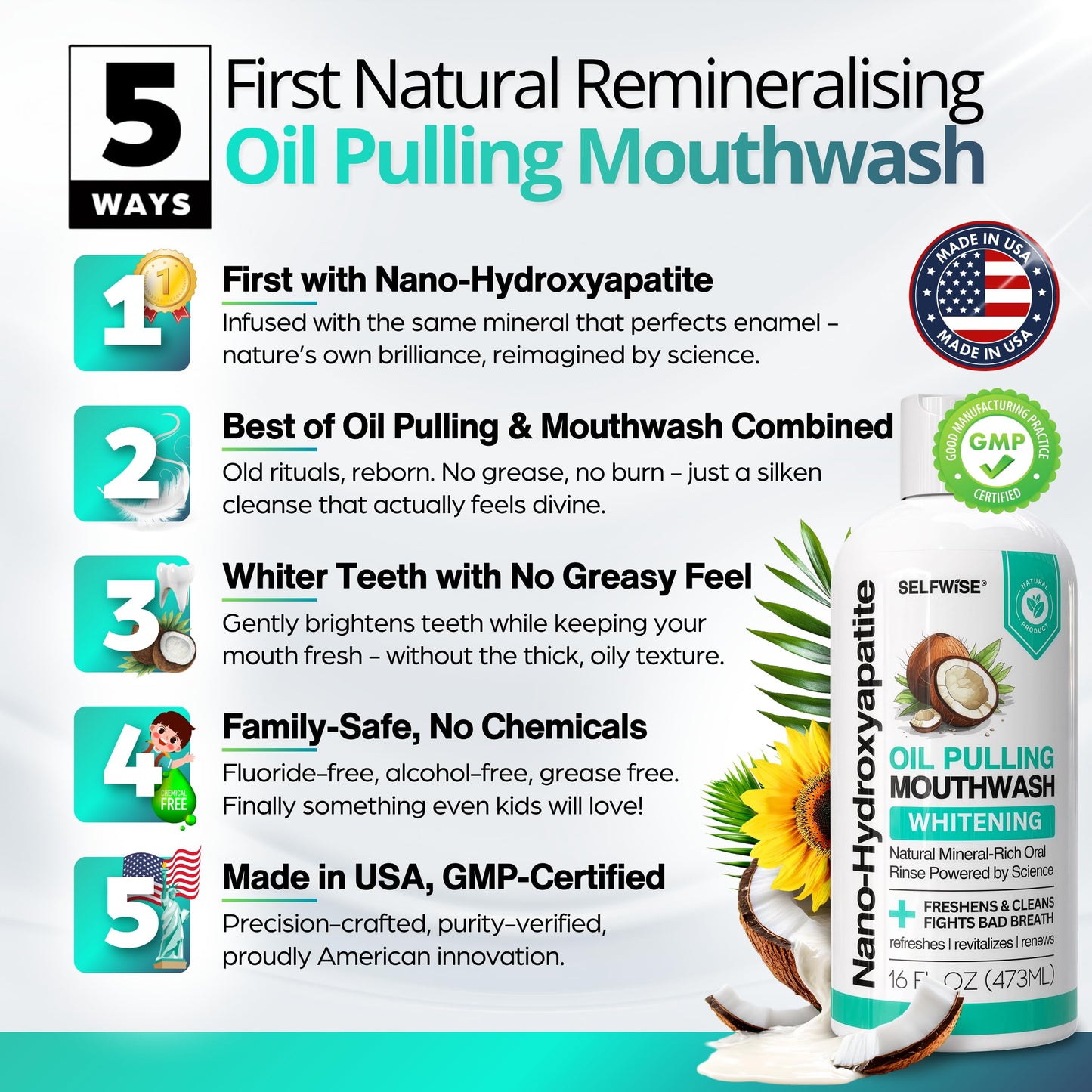 Nano-Hydroxyapatite Oil Pulling Mouthwash for Teeth & Gums – Organic, Fluoride-Free, 16oz