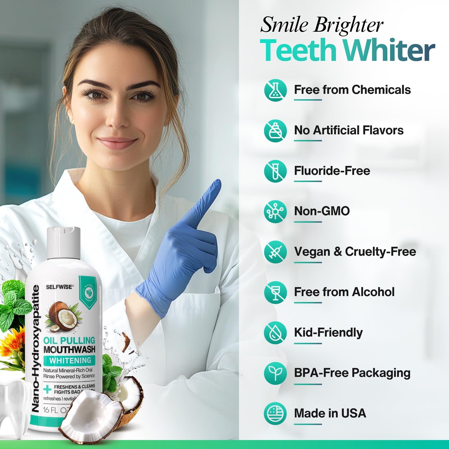 Nano-Hydroxyapatite Oil Pulling Mouthwash for Teeth & Gums – Organic, Fluoride-Free, 16oz