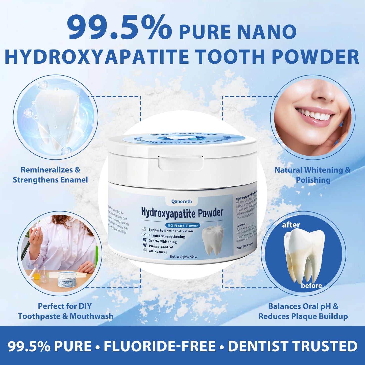99.5% Pure Nano Hydroxyapatite Powder – DIY Toothpaste & Mouthwash (40g) – Fluoride-Free