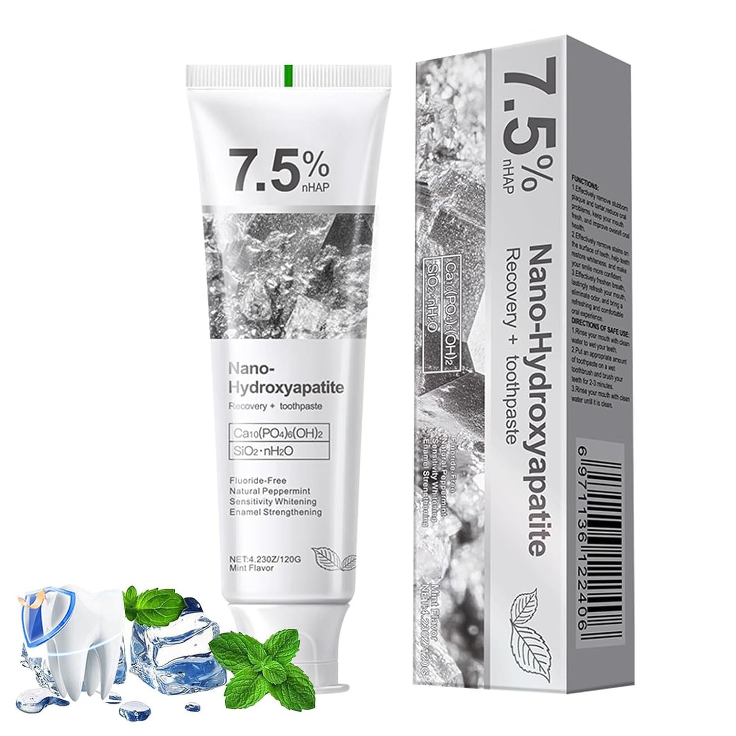 Nano-Hydroxyapatite Recovery Toothpaste 7.5% - Fluoride-Free, Sensitive Teeth Care, Peppermint Whitening (4.23 oz)