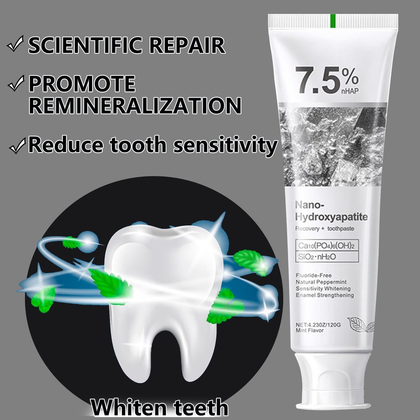 Nano-Hydroxyapatite Recovery Toothpaste 7.5% - Fluoride-Free, Sensitive Teeth Care, Peppermint Whitening (4.23 oz)