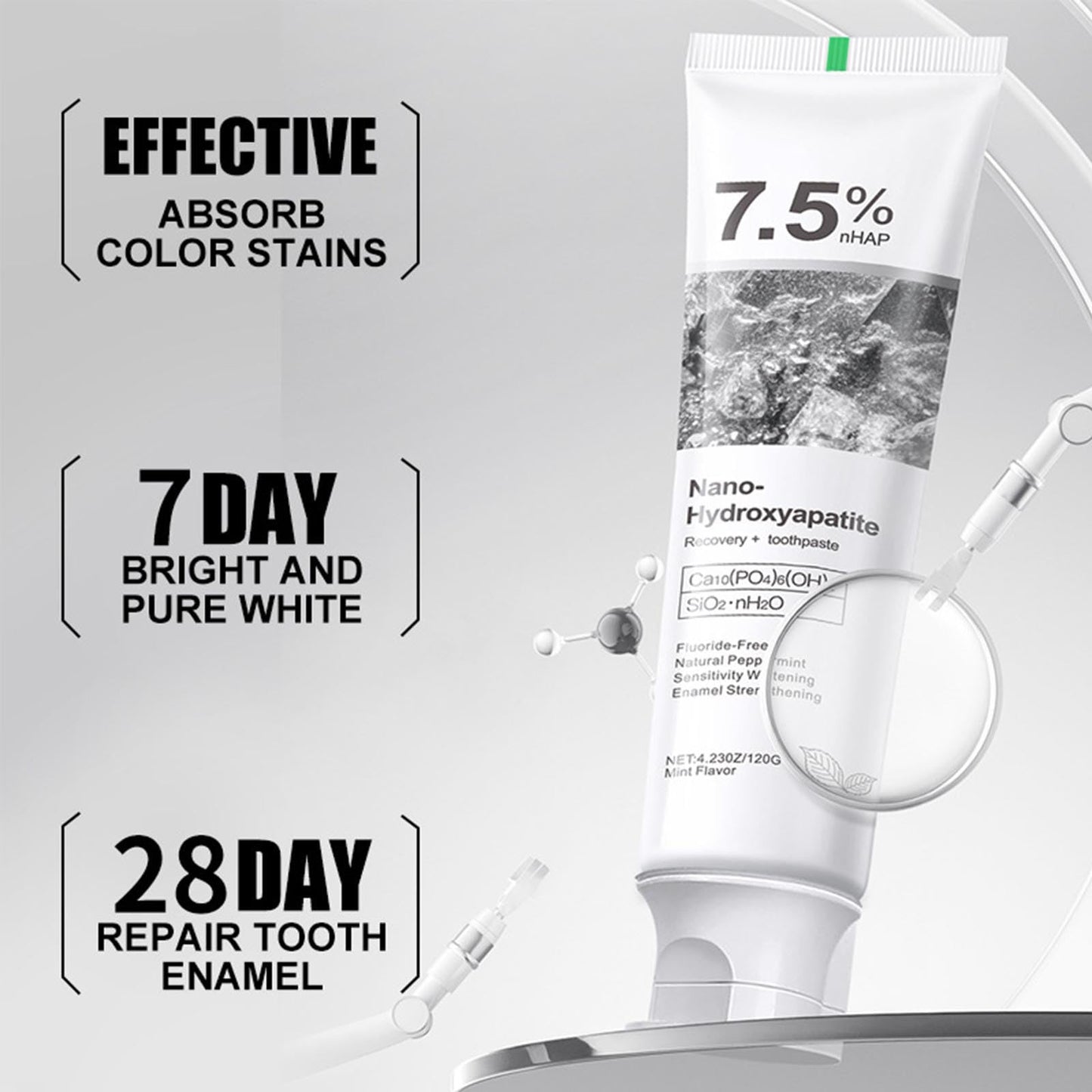 Nano-Hydroxyapatite Recovery Toothpaste 7.5% - Fluoride-Free, Sensitive Teeth Care, Peppermint Whitening (4.23 oz)