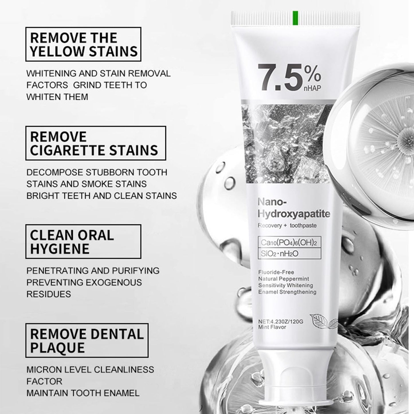 Nano-Hydroxyapatite Recovery Toothpaste 7.5% - Fluoride-Free, Sensitive Teeth Care, Peppermint Whitening (4.23 oz)