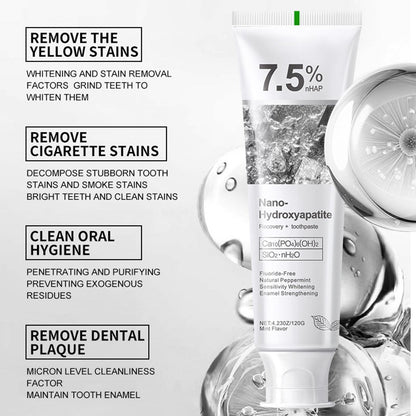 Nano-Hydroxyapatite Recovery Toothpaste 7.5% - Fluoride-Free, Sensitive Teeth Care, Peppermint Whitening (4.23 oz)