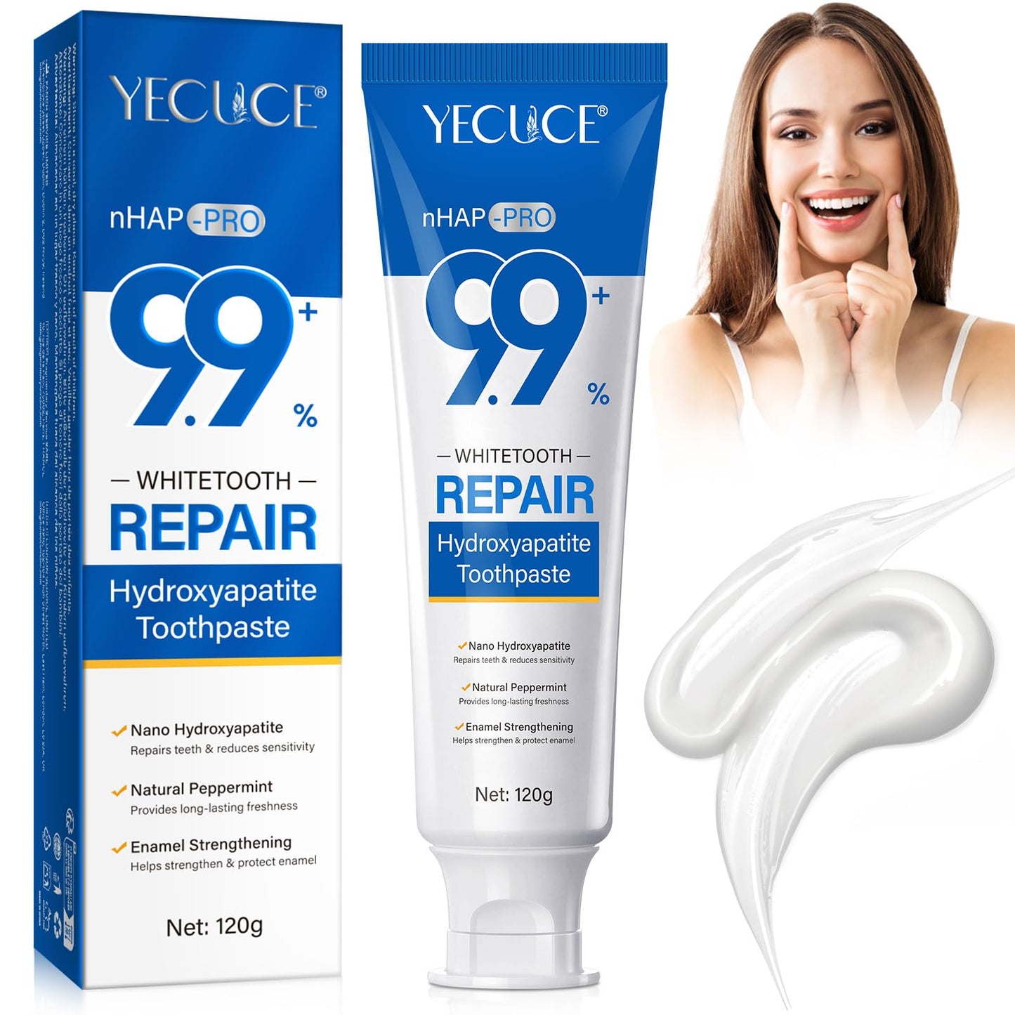 9.9% Nano Hydroxyapatite Toothpaste – Fluoride Free Enamel Repair, Natural Peppermint, 120g
