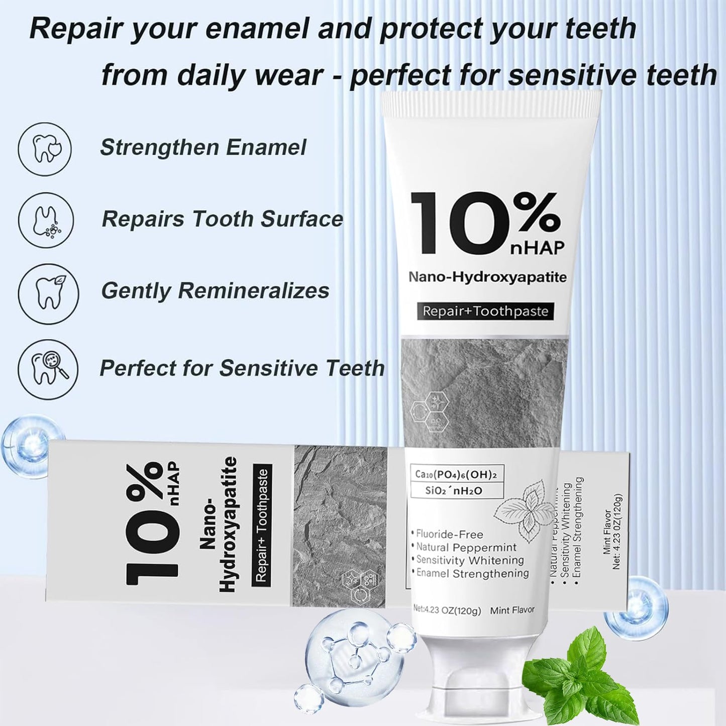 Nano-Hydroxyapatite Toothpaste - New Upgraded Formula, 10% NHA, Enamel Strengthening, Fluoride-Free, Gentle on Sensitive Teeth, 4.23oz