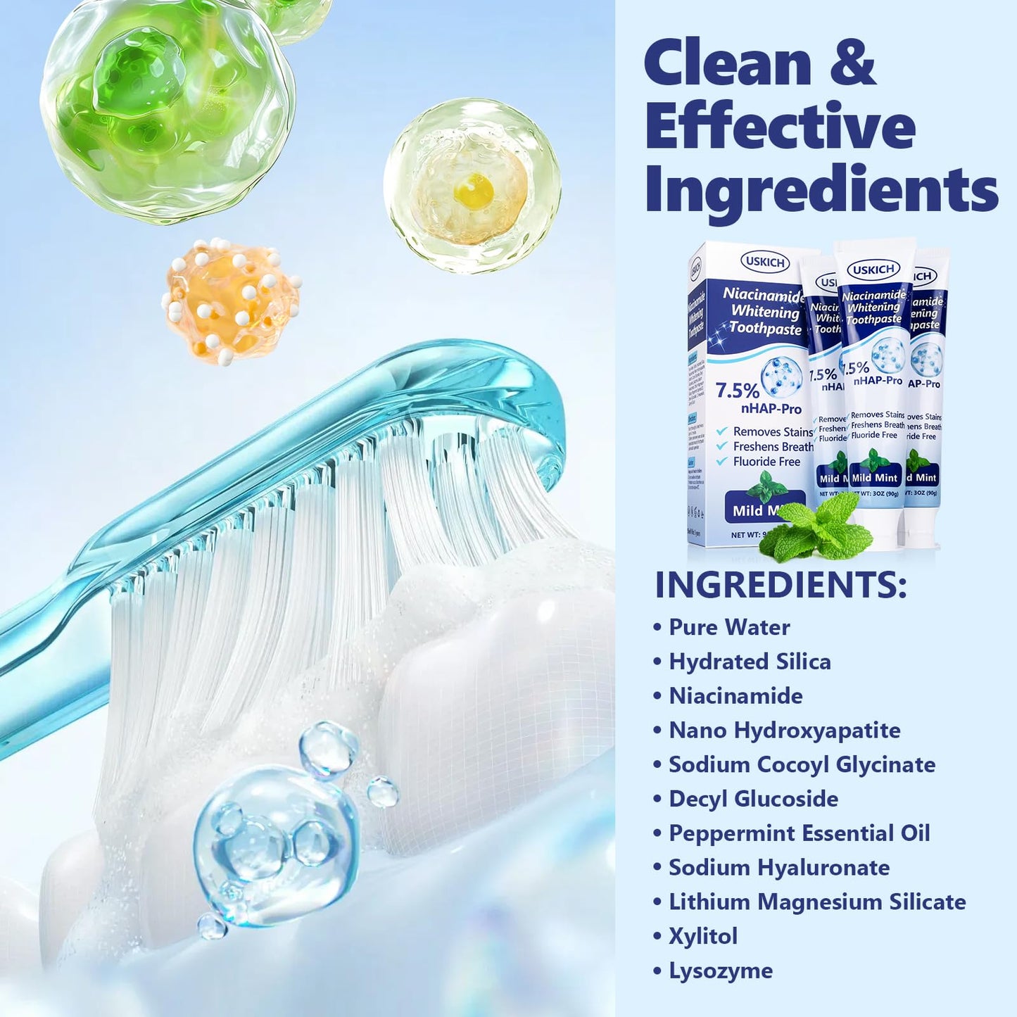 7.5% Nano-Hydroxyapatite Toothpaste 3 Pack – Fresh Breath Whitening, Remineralizes Enamel, Sensitive Relief, Antiplaque, Natural Peppermint, Fluoride-Free