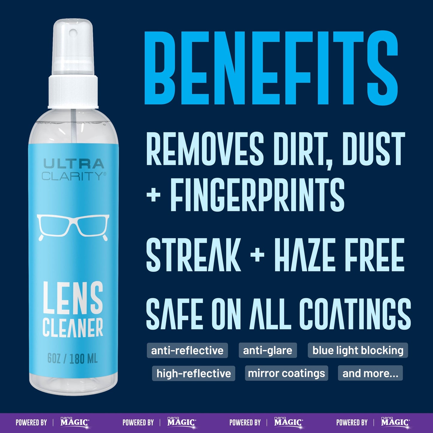 Powered by Nano Magic Eyeglass Lens Cleaning Spray 6 oz (1 Pack) | Professional Grade Formula, Silicone-Free | for Glasses, Phone, Electronic Screens, Optic Surfaces, Coated Surfaces - Made in USA