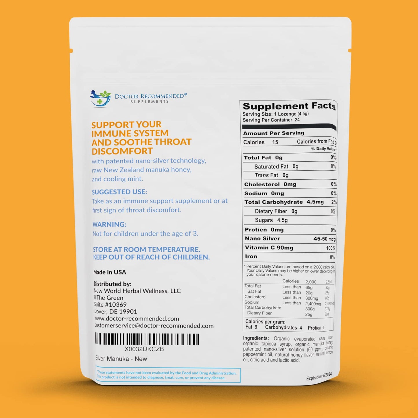 Silver Lozenges with Manuka Honey & Vitamin C – Nano Silver 60 PPM, 45-50mcg, 24 Lozenges
