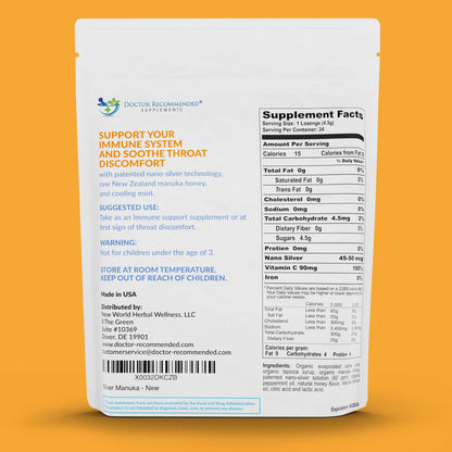 Silver Lozenges with Manuka Honey & Vitamin C – Nano Silver 60 PPM, 45-50mcg, 24 Lozenges