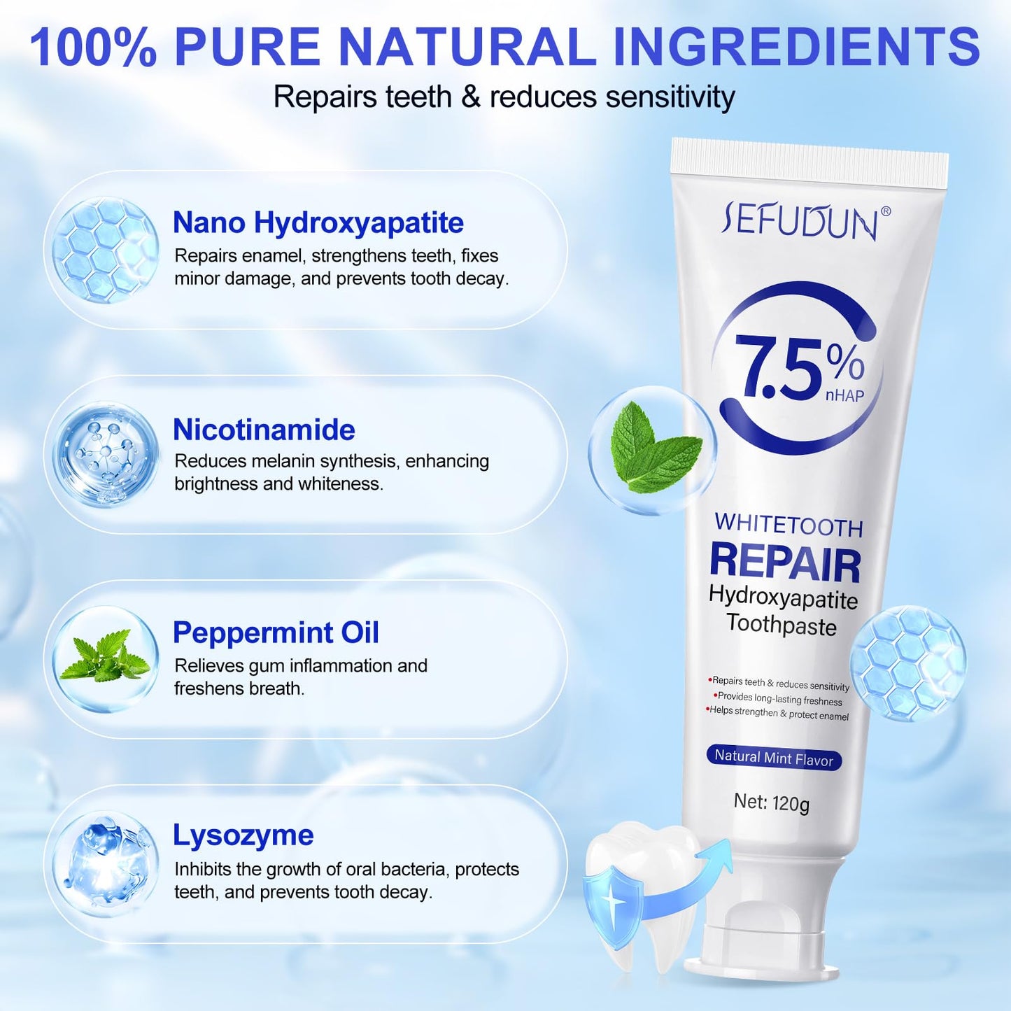 7.5% Hydroxyapatite Toothpaste (Fluoride Free) - 2pcs for Sensitive Teeth