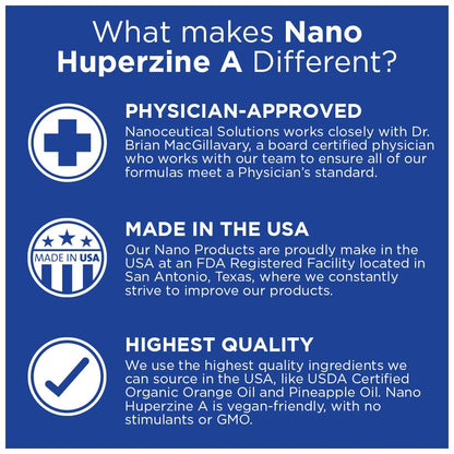 Nano HUPERZINE A – Nanosized Liquid, Instant Absorption, 6000 mcg per Bottle | 30 Servings | Non-GMO GMP Certified