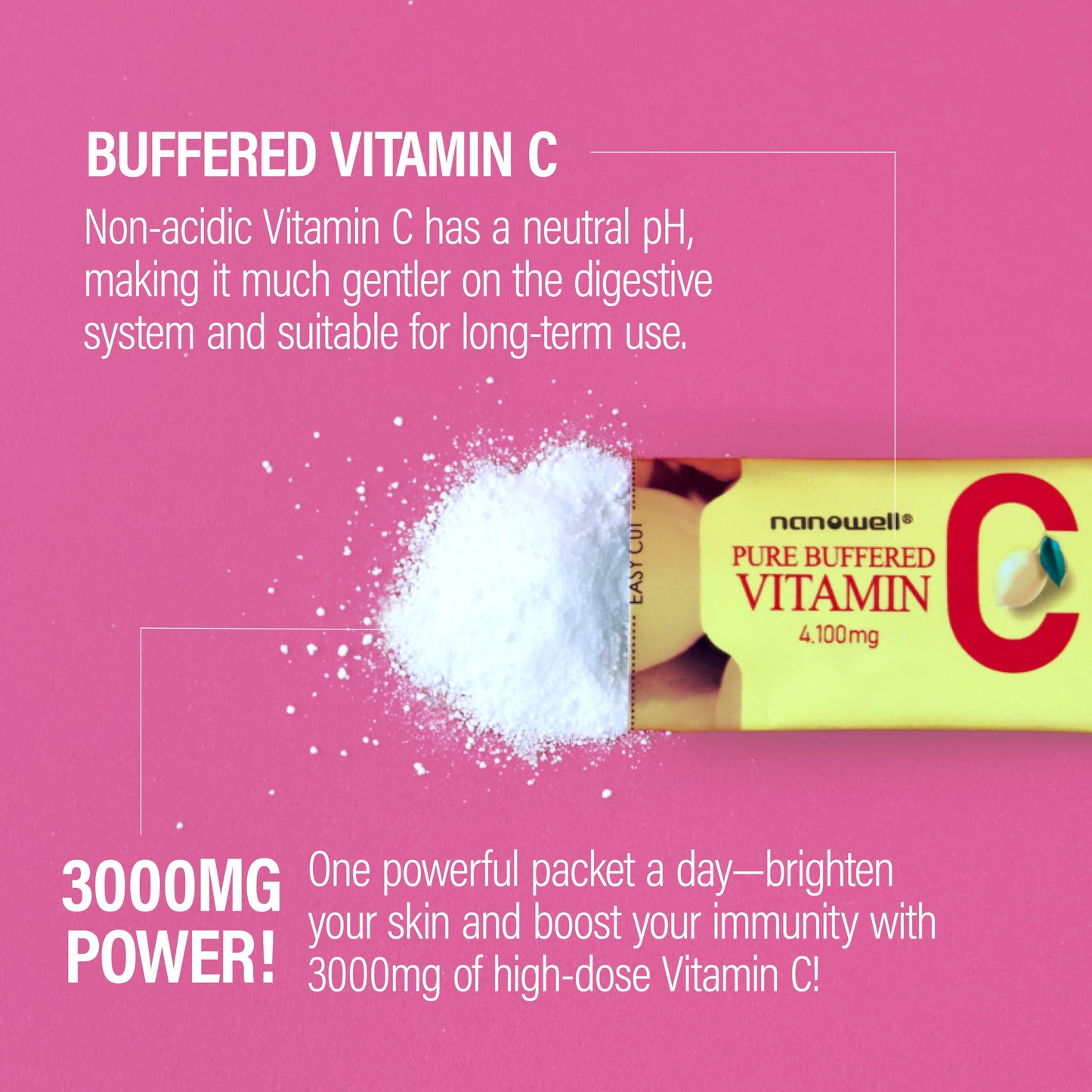 NANOWELL Pure Buffered Vitamin C 3000 mg - Immune Support, 60 Sticks