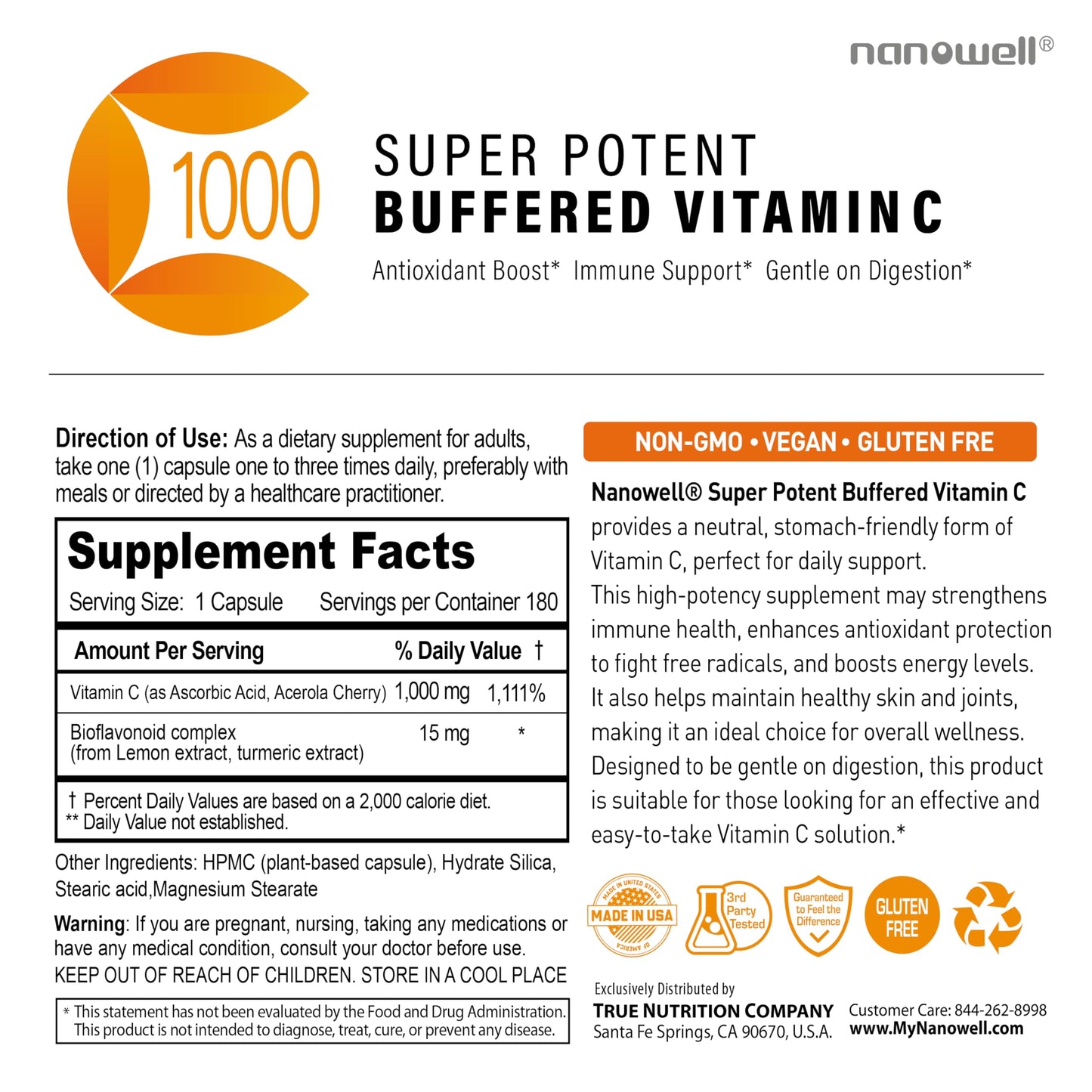 NANOWELL Super Potent Buffered Vitamin C 1000 mg with Bioflavonoid Complex - Immune Support, Antioxidant & Skin & Joints