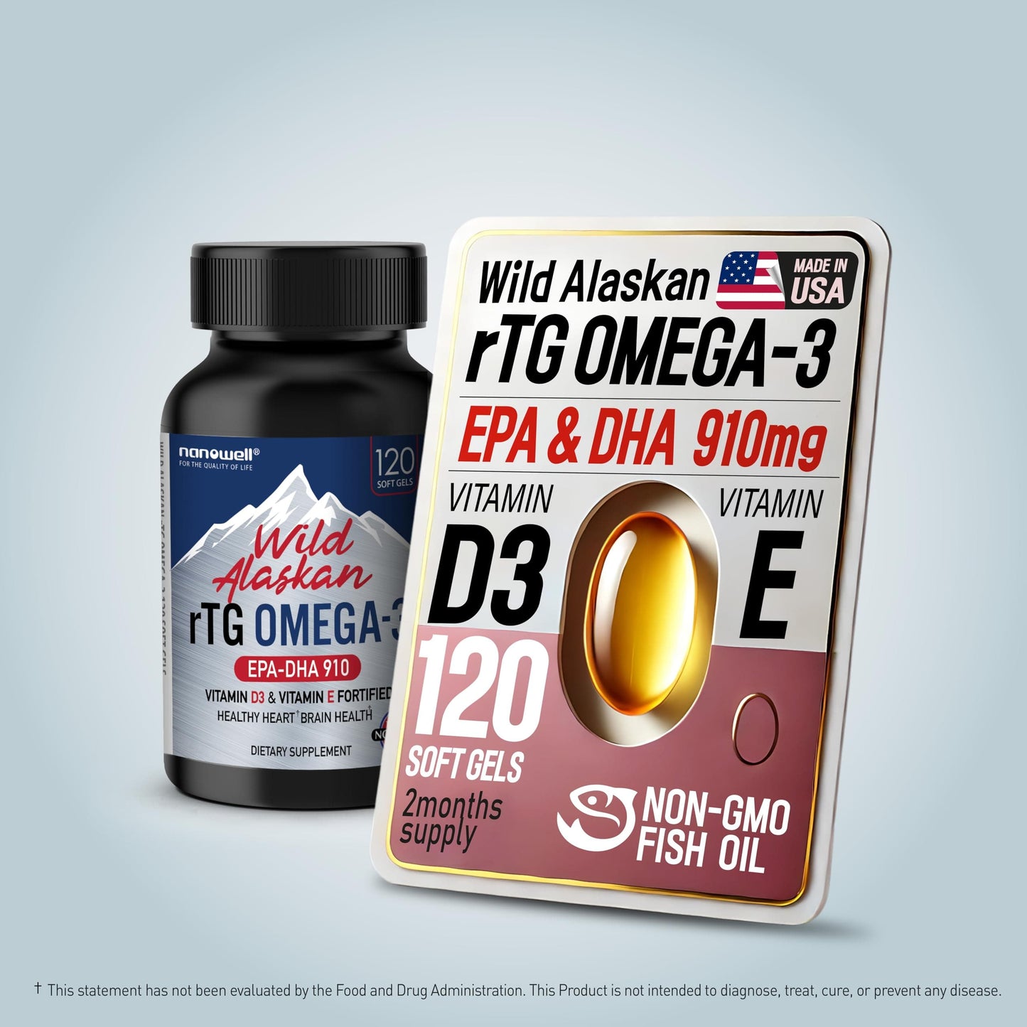 NANOWELL Wild Alaskan rTG Omega-3 Fish Oil 1196mg – EPA, DHA, Vitamin D3 & E | 120 Softgels
