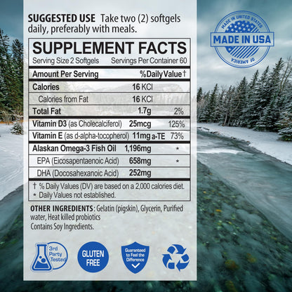 NANOWELL Wild Alaskan rTG Omega-3 Fish Oil 1196mg – EPA, DHA, Vitamin D3 & E | 120 Softgels