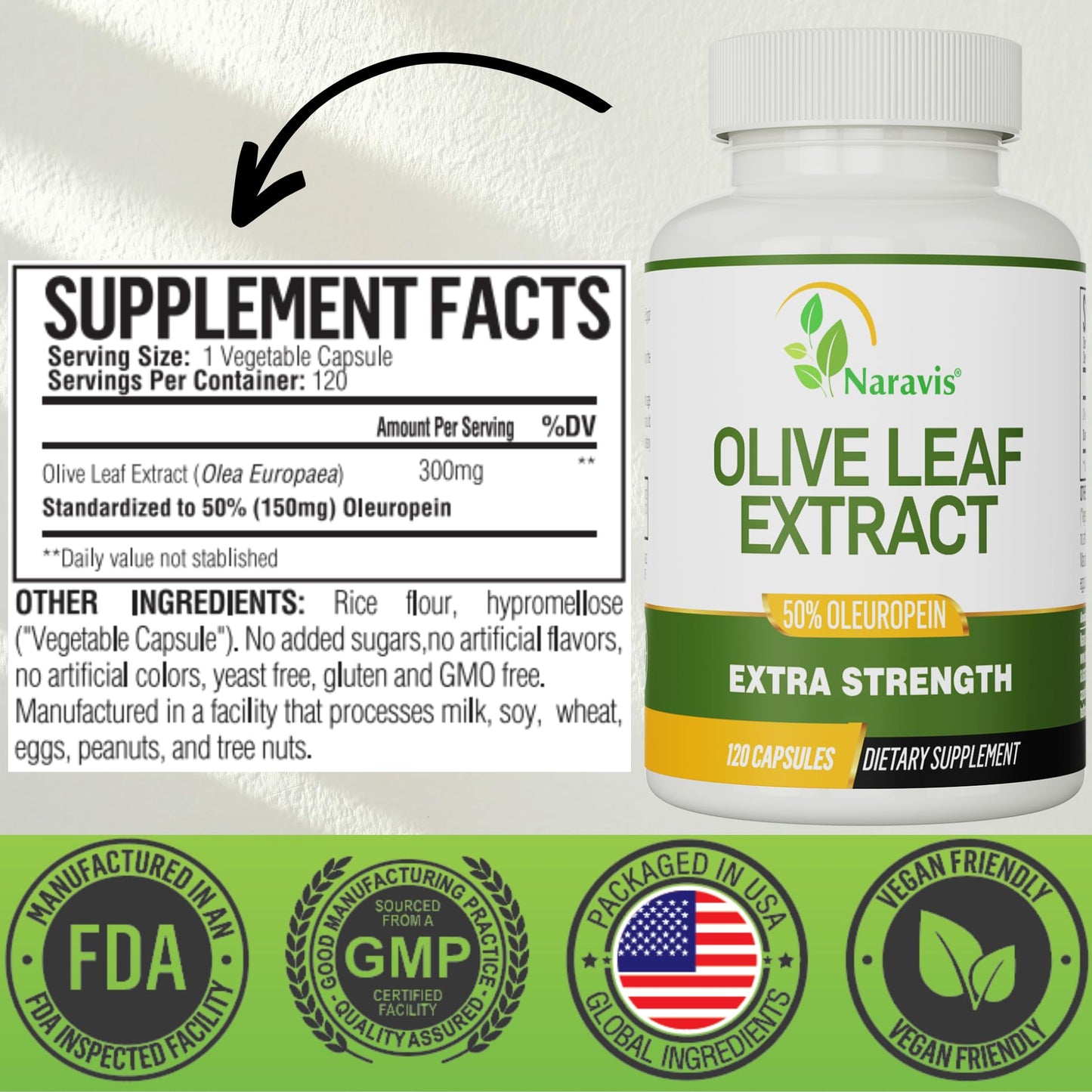 Naravis Olive Leaf Extract – 50% Oleuropein – Immune Support – 120 Capsules (4-Month Supply)