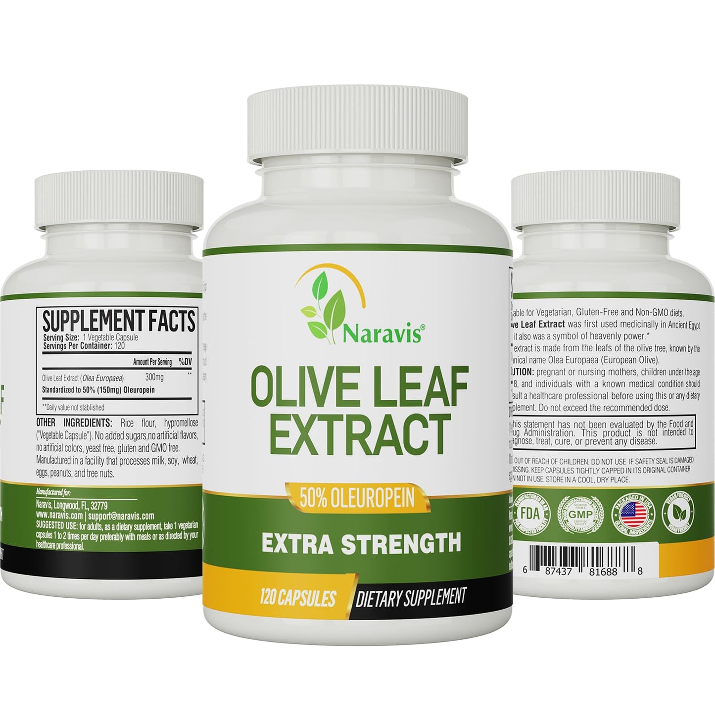 Naravis Olive Leaf Extract – 50% Oleuropein – Immune Support – 120 Capsules (4-Month Supply)