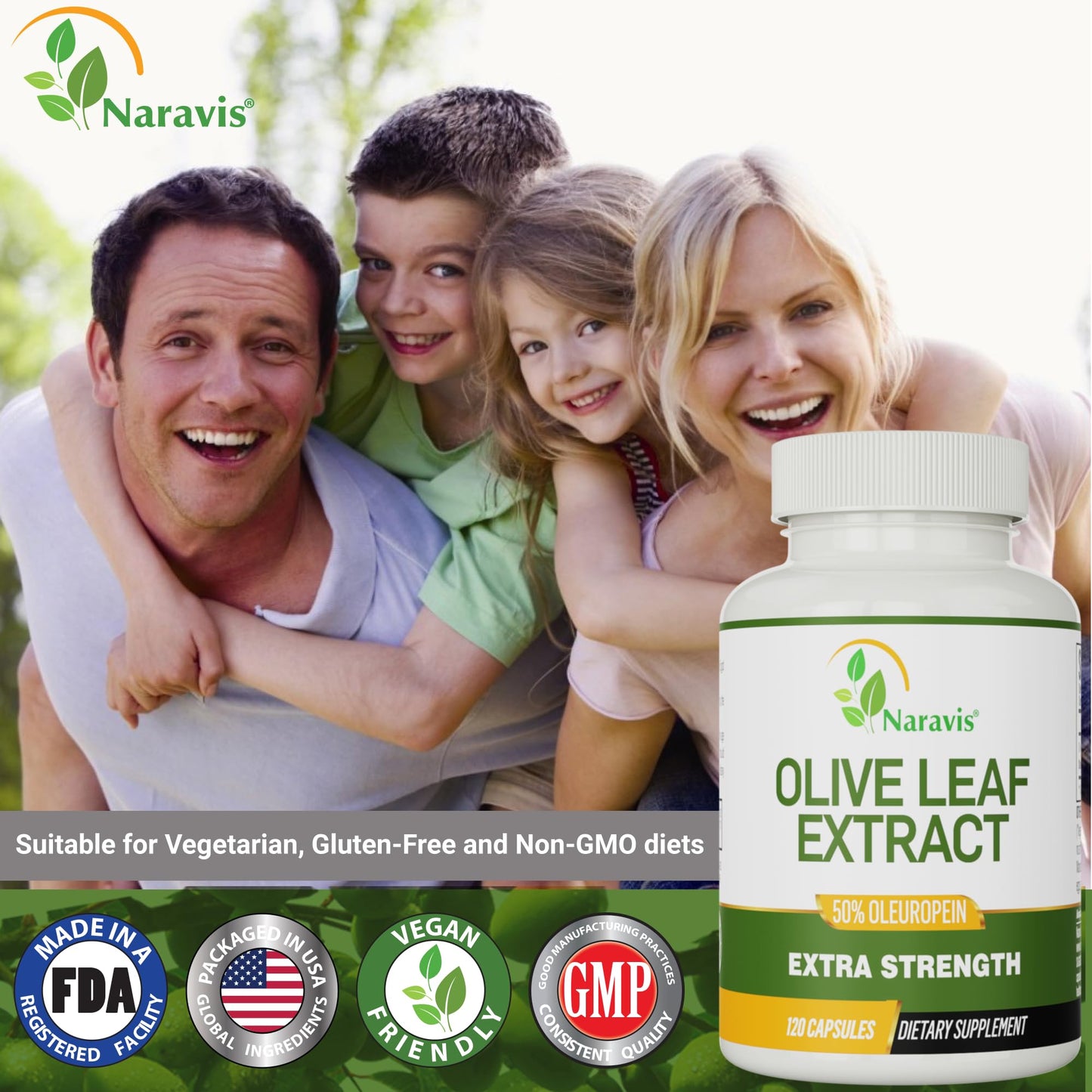 Naravis Olive Leaf Extract – 50% Oleuropein – Immune Support – 120 Capsules (4-Month Supply)