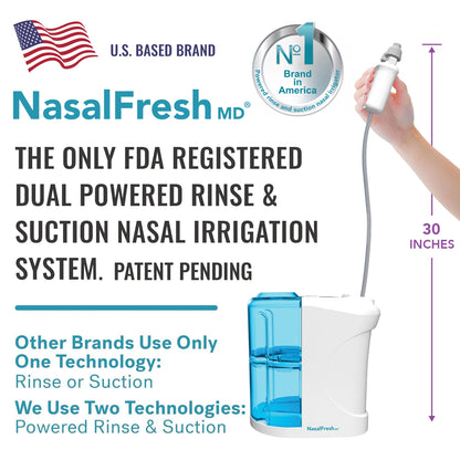 NASALFRESH MD Dual Powered Nasal Irrigation System – Rechargeable, 30 Saline Packets, 2 Nose Pillow Sets