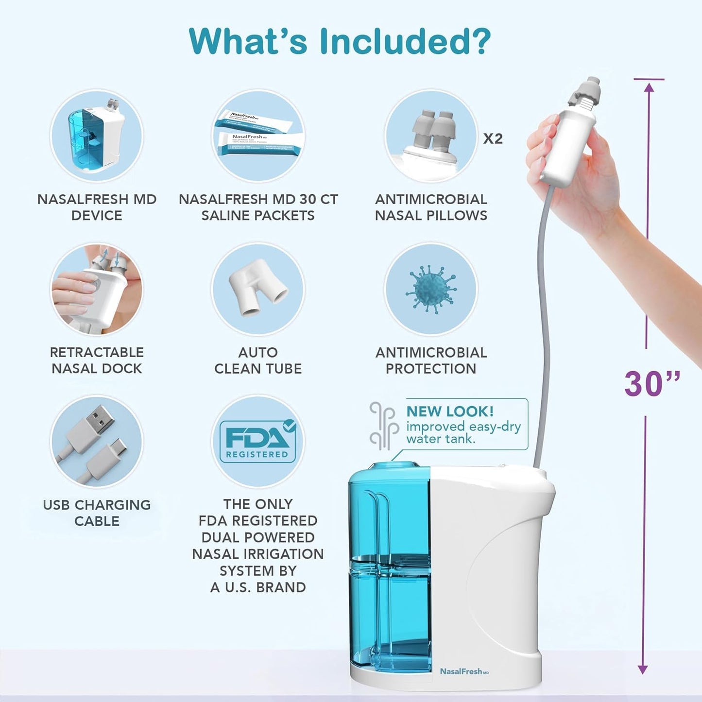 NASALFRESH MD Dual Powered Nasal Irrigation System – Rechargeable, 30 Saline Packets, 2 Nose Pillow Sets
