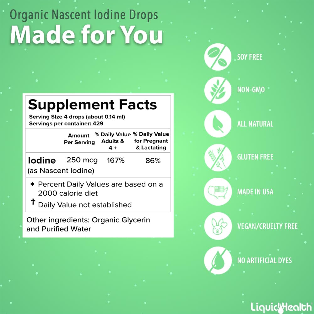 LIQUIDHEALTH Nascent Iodine Drops – USDA Organic, Colorless & Tasteless, Made in USA (2 oz) – Thyroid & Immunity Support, Vegan