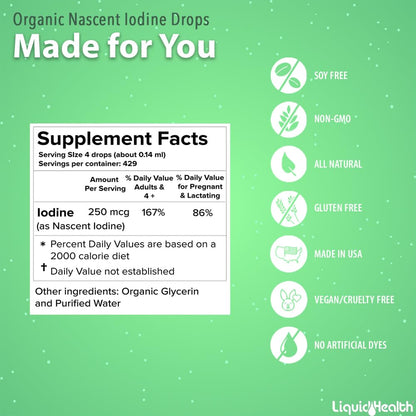 LIQUIDHEALTH Nascent Iodine Drops – USDA Organic, Colorless & Tasteless, Made in USA (2 oz) – Thyroid & Immunity Support, Vegan