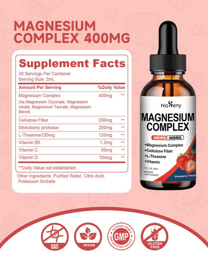 NaSeny Magnesium Glycinate Liquid 400mg – High Absorption Magnesium Complex with B6, D, C for Sleep, Muscle & Nerve Health | Non-GMO Vegan Gluten-Free