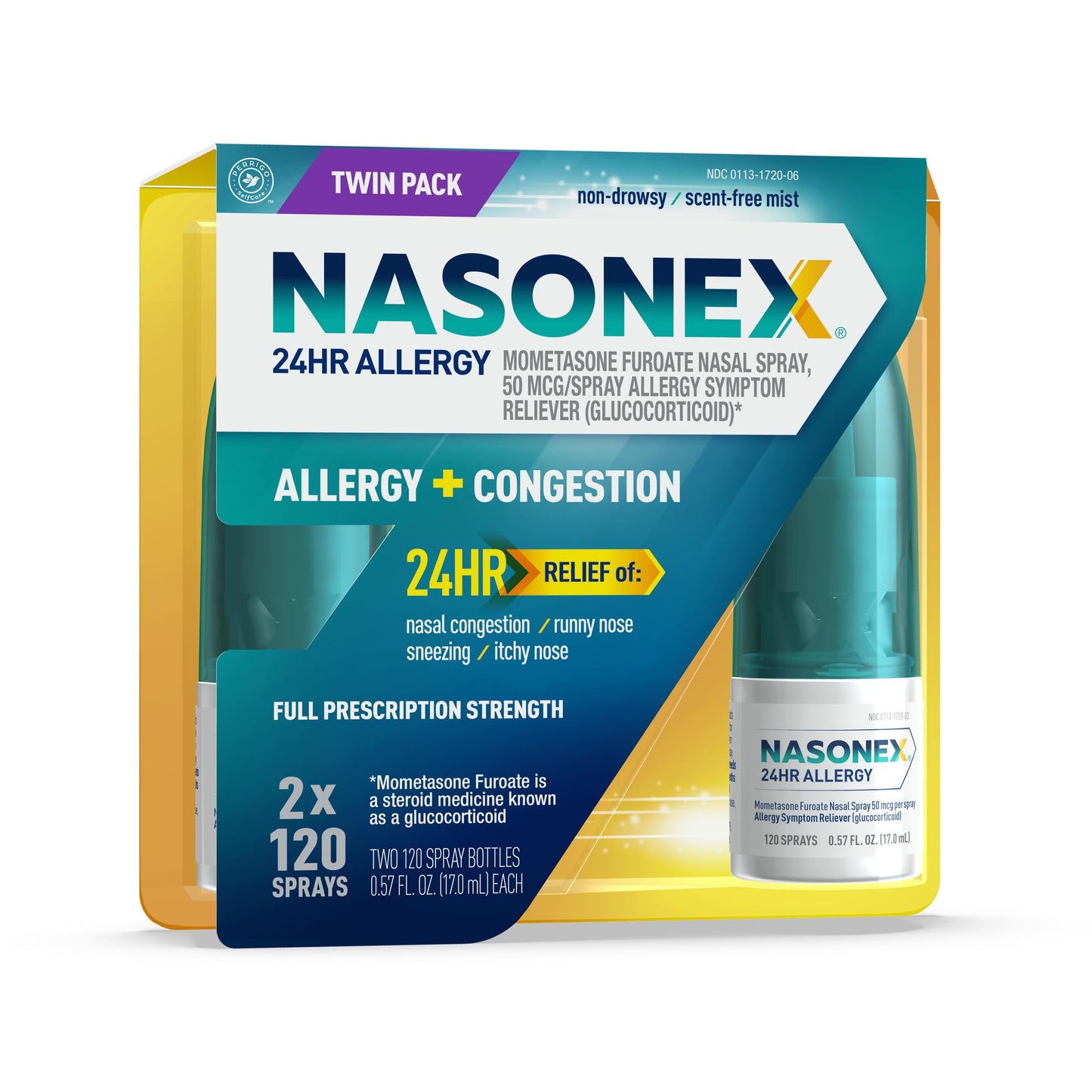 Nasonex 24HR Allergy Nasal Spray – Non-Drowsy, Scent-Free, 120 Sprays, 2 Pack