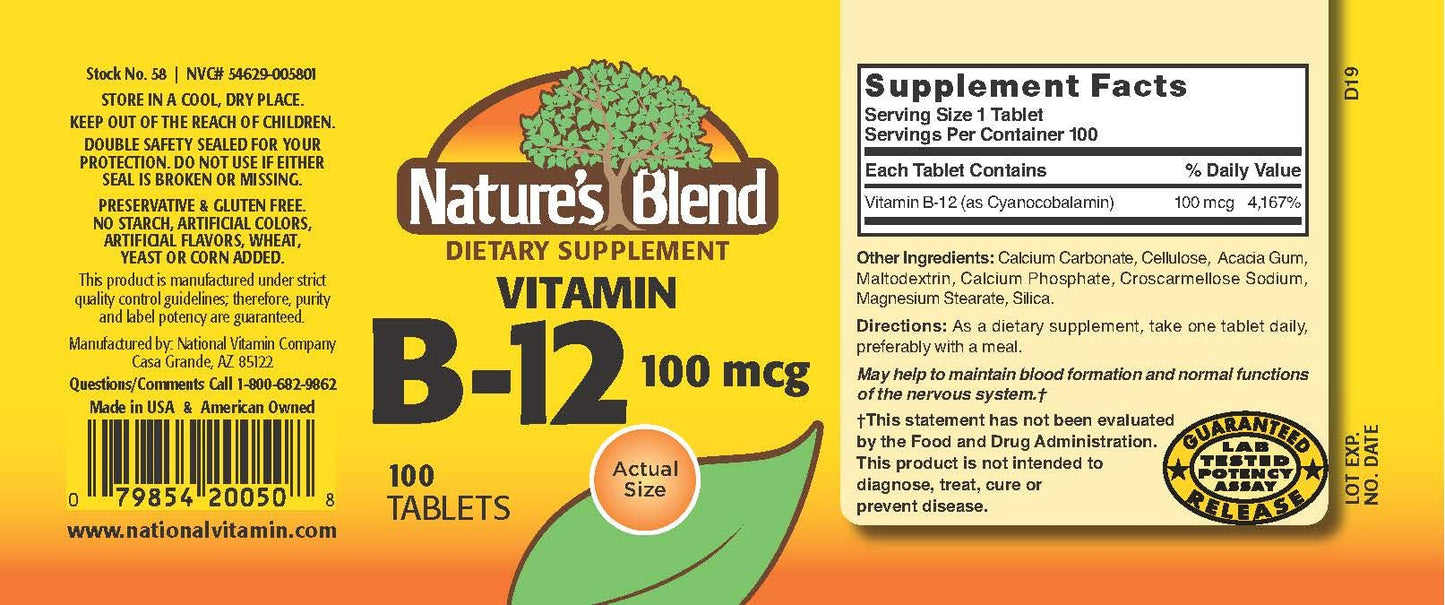 NAT B Vitamin B-12 TB 100MCG 100 – B12 Supplement | Nature's Blend