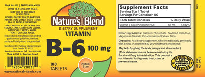 NAT B Vitamin B-6 TB 100MG – Vitamin B6 Supplement (100 Tablets)