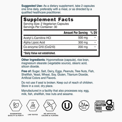 Nature's Lab Gold CoQ10 + Alpha Lipoic Acid + Acetyl L-Carnitine HCl – Heart Health & Energy