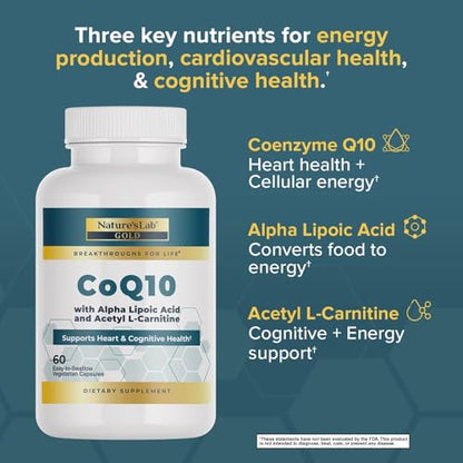 Nature's Lab Gold CoQ10 + Alpha Lipoic Acid + Acetyl L-Carnitine HCl – Heart Health & Energy