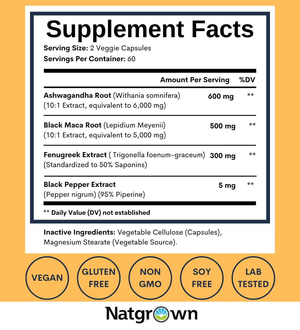 Natgrown Ashwagandha Maca Root Fenugreek Extract Capsules – Vegan Supplement for Men & Women | 120 Count