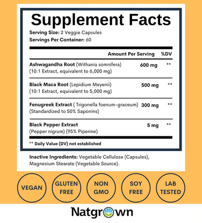 Natgrown Ashwagandha Maca Root Fenugreek Extract Capsules – Vegan Supplement for Men & Women | 120 Count