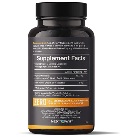 Natgrown Organic Maca Root 1500 mg Capsules – Vegan, Peru Red/Yellow/Black Maca