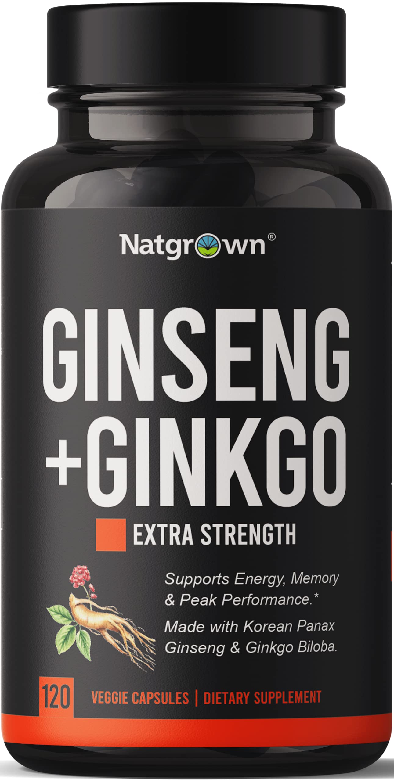 Natgrown Panax Ginseng & Ginkgo Biloba - 120 Count - Memory & Brain Support - Vegan Capsules