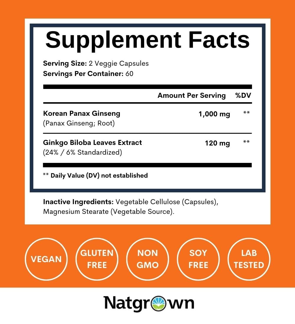 Natgrown Panax Ginseng & Ginkgo Biloba - 120 Count - Memory & Brain Support - Vegan Capsules