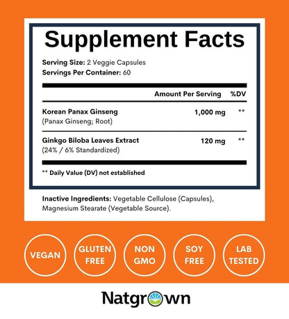 Natgrown Panax Ginseng & Ginkgo Biloba - 120 Count - Memory & Brain Support - Vegan Capsules