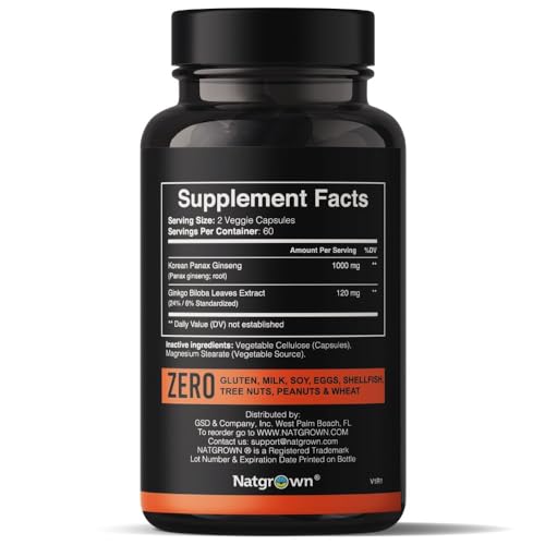Natgrown Panax Ginseng & Ginkgo Biloba - 120 Count - Memory & Brain Support - Vegan Capsules