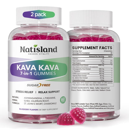 NATISLAND Kava Gummies – 7-in-1 Stress Relief, Sugar-Free & Vegan (2-pack)
