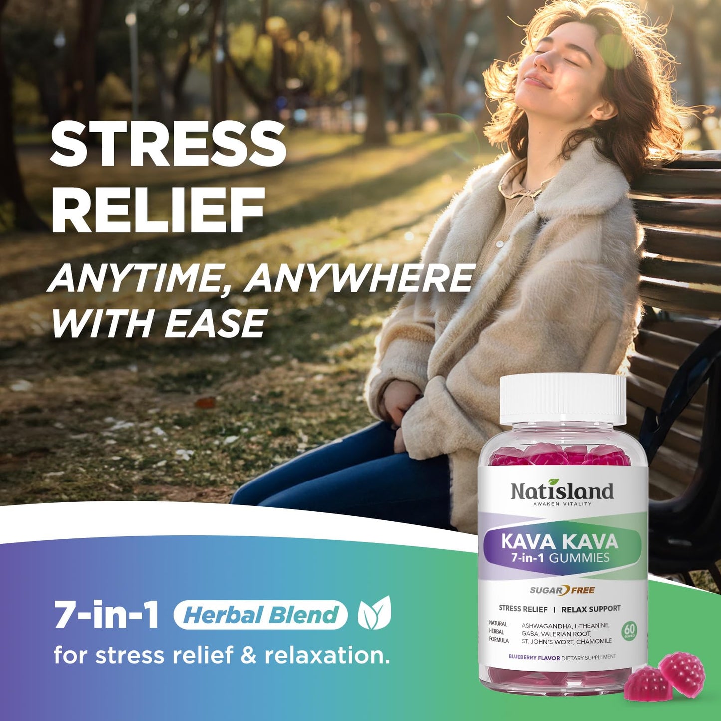 NATISLAND Kava Gummies – 7-in-1 Stress Relief, Sugar-Free & Vegan (2-pack)
