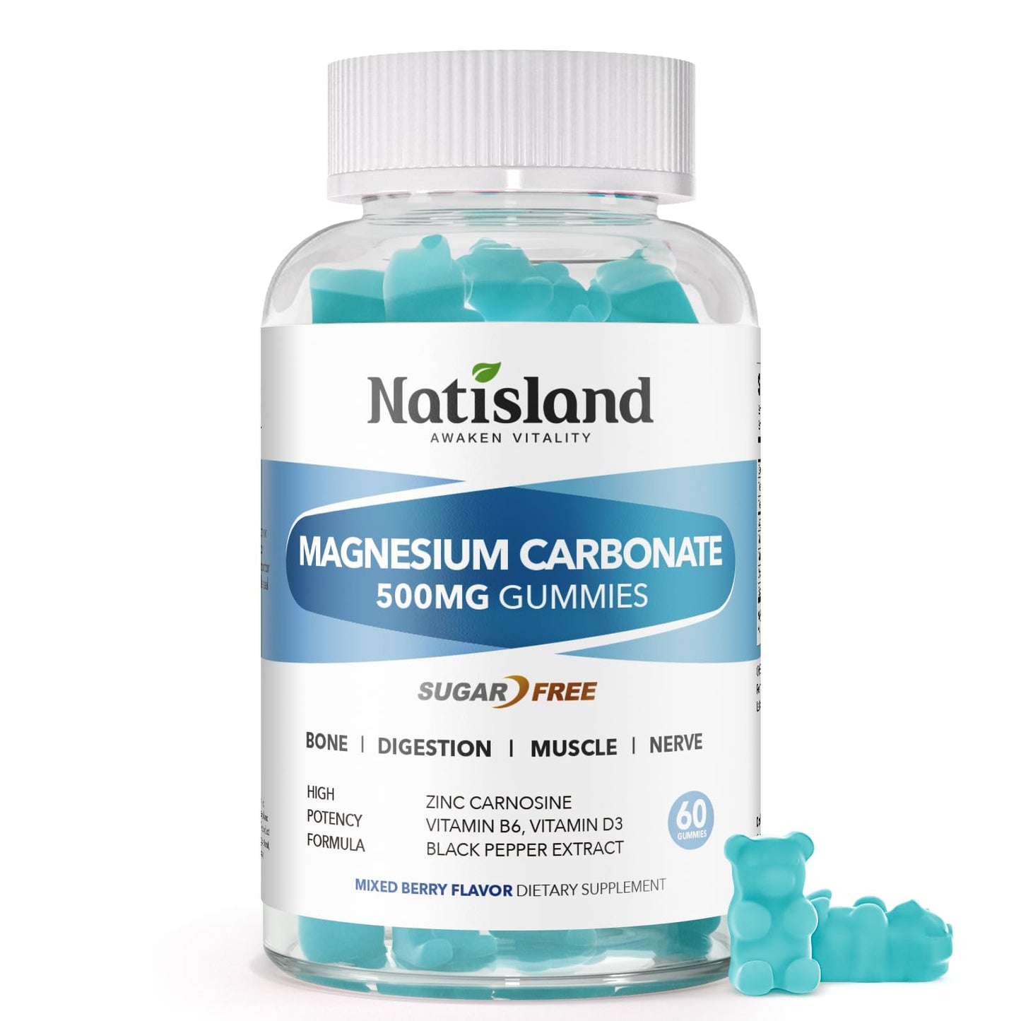 NATISLAND Magnesium Carbonate Gummies 500mg – Digestive & Muscle Support, Vegan, Sugar Free, Mixed Berry, 60 Count