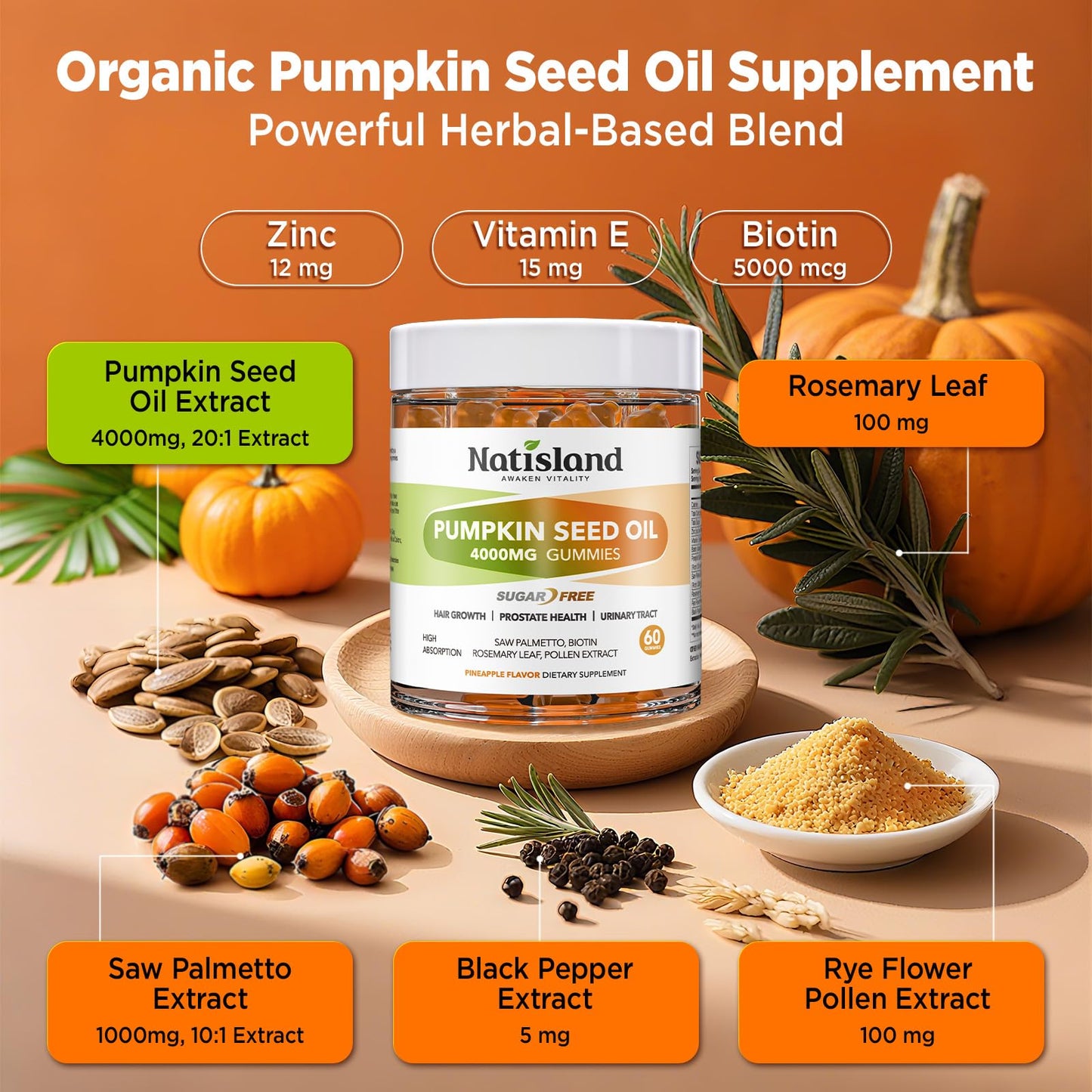 NATISLAND Pumpkin Seed Oil Gummies with Saw Palmetto – Hair Growth & Prostate Health (Sugar Free, Vegan, Pineapple) | 60 Count