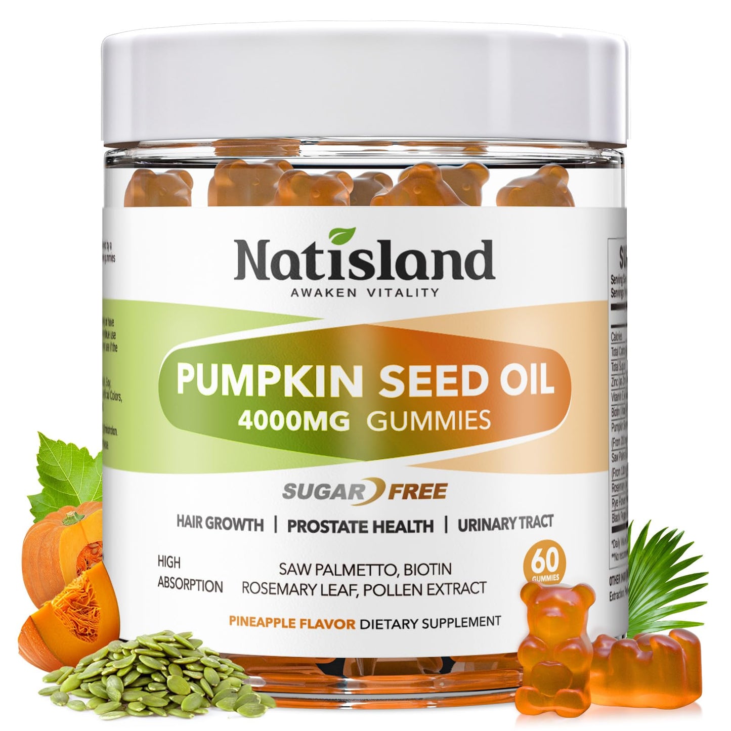 NATISLAND Pumpkin Seed Oil Gummies with Saw Palmetto – Hair Growth & Prostate Health (Sugar Free, Vegan, Pineapple) | 60 Count