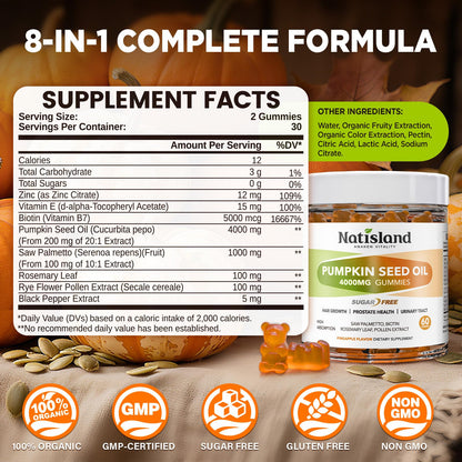 NATISLAND Pumpkin Seed Oil Gummies with Saw Palmetto – Hair Growth & Prostate Health (Sugar Free, Vegan, Pineapple) | 60 Count