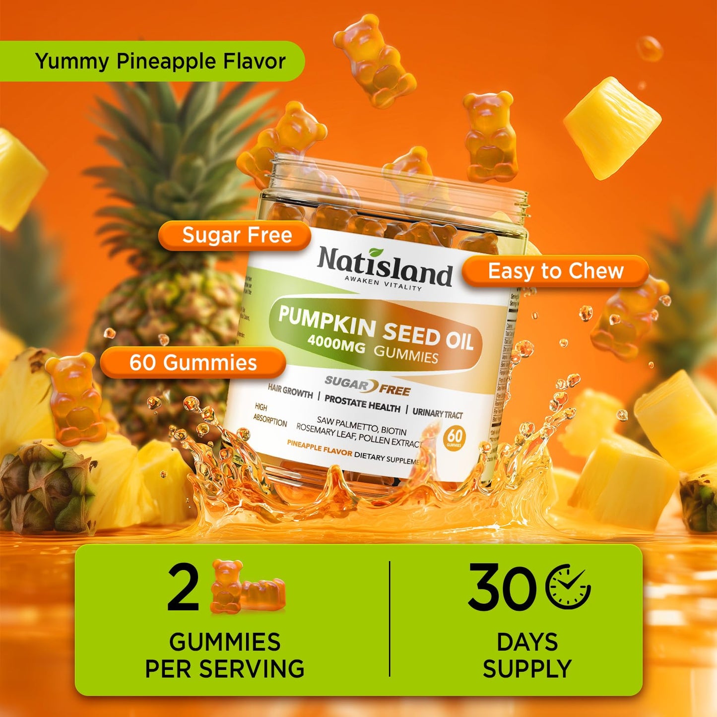 NATISLAND Pumpkin Seed Oil Gummies with Saw Palmetto – Hair Growth & Prostate Health (Sugar Free, Vegan, Pineapple) | 60 Count
